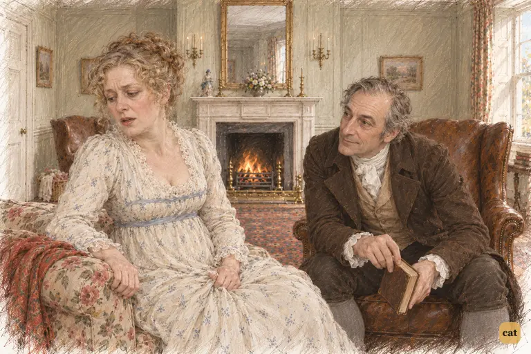 Mrs. Bennet turns her shoulder against her husband and complains toward the fire.