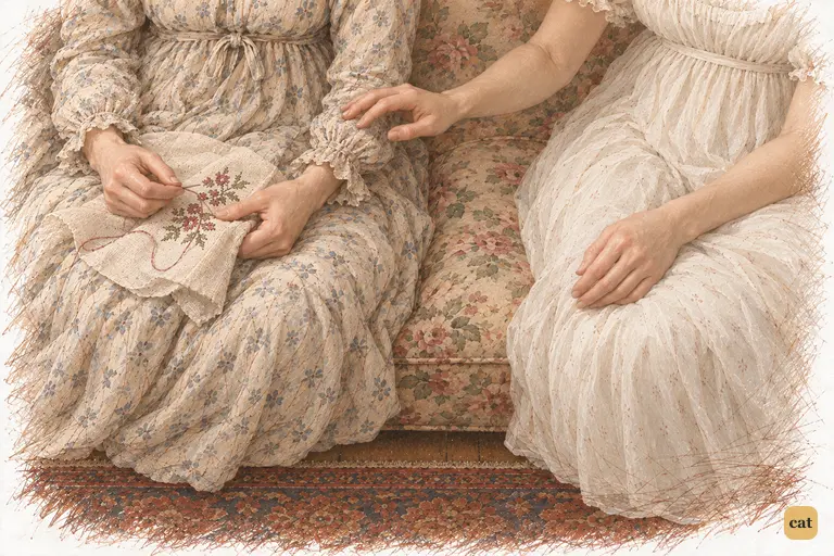 Elizabeth takes up her needlework to contain her indignation.