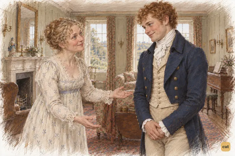 Mrs. Bennet welcomes Bingley with conspicuous enthusiasm.