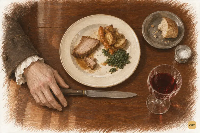 Mr. Bennet’s meal sits barely touched beneath his wife’s triumphant chatter