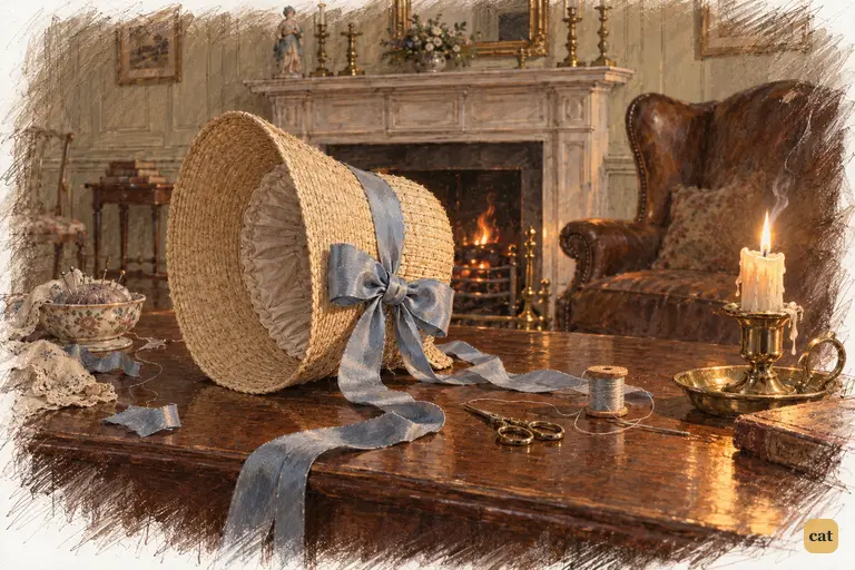 Elizabeth’s finished bonnet waits on the work-table after the evening’s excitement.