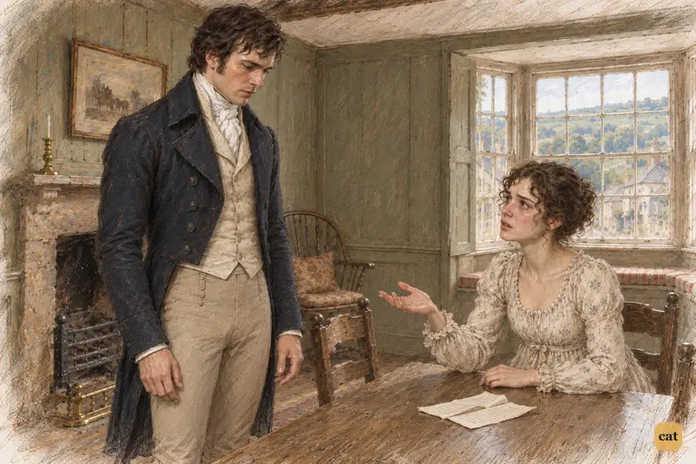 Darcy lowers his head as Elizabeth reproaches herself for concealing Wickham’s character