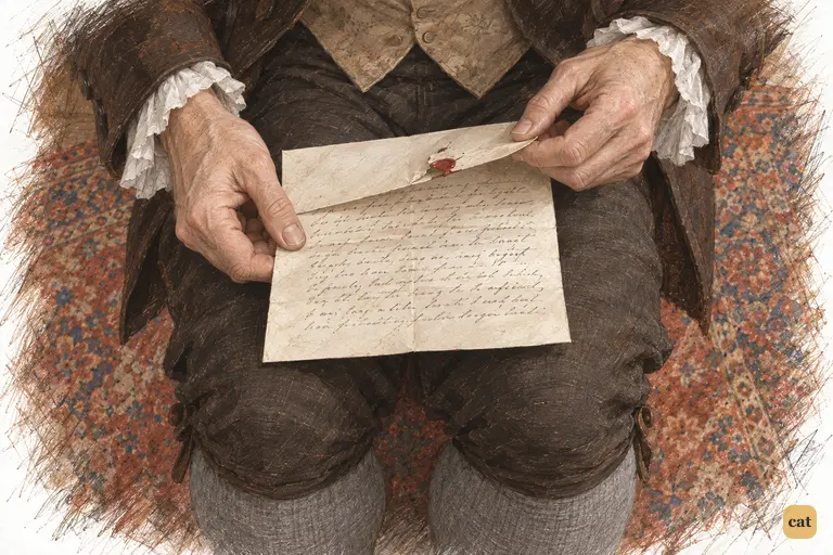 Mr. Bennet unhurriedly opens Collins’s densely written letter across his knees.