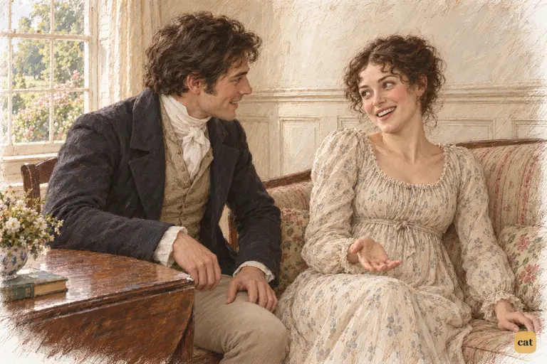 Elizabeth laughs freely with Colonel Fitzwilliam during a later morning call