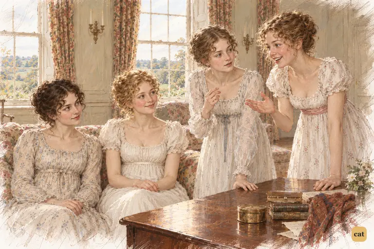 Lydia eagerly recounts the regiment’s news while Kitty tries to add a detail.