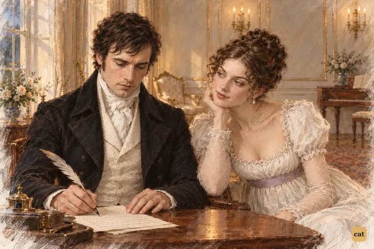 Caroline Bingley leans toward Darcy with an eager compliment.