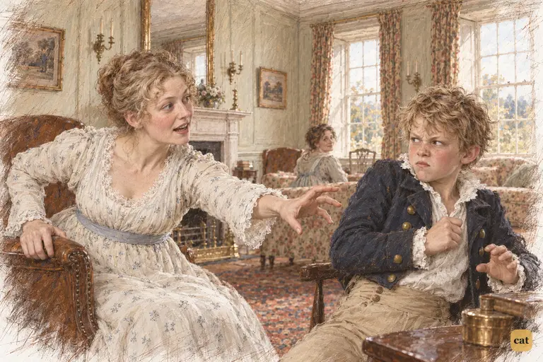 Mrs. Bennet reaches for an imaginary bottle as young Lucas recoils, fist clenched