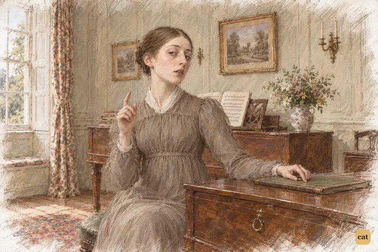 Mary Bennet solemnly consents to the Netherfield ball, raising a finger