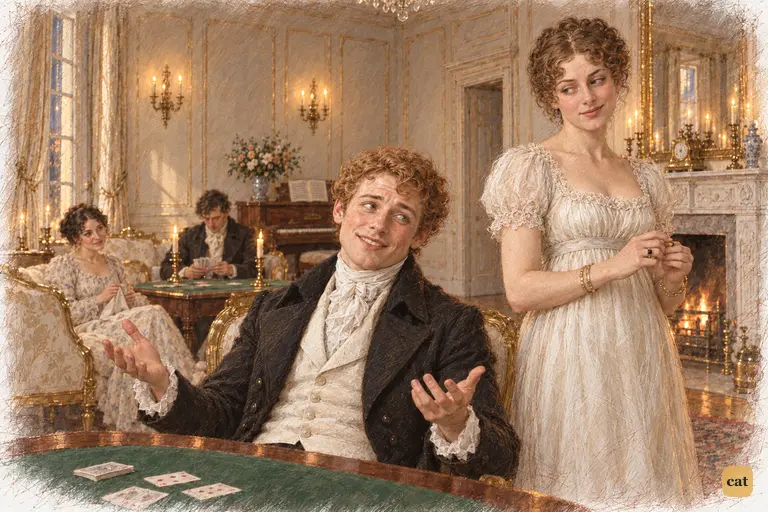 Bingley sets down his cards and appeals cheerfully for peace.