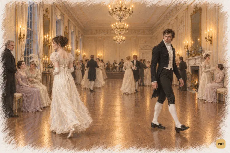 Elizabeth walks toward Charlotte while Darcy moves toward the fireplace, turning his head after her.