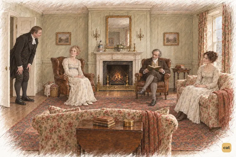 Mr. Collins bows at the drawing-room door, buoyed by his engagement to Charlotte.