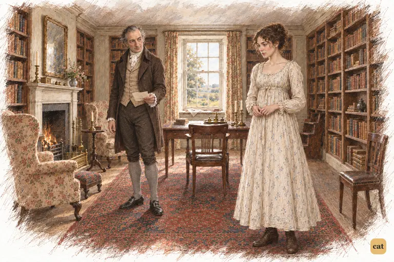 Elizabeth follows Mr. Bennet into his familiar library, watching the letter in his hand.