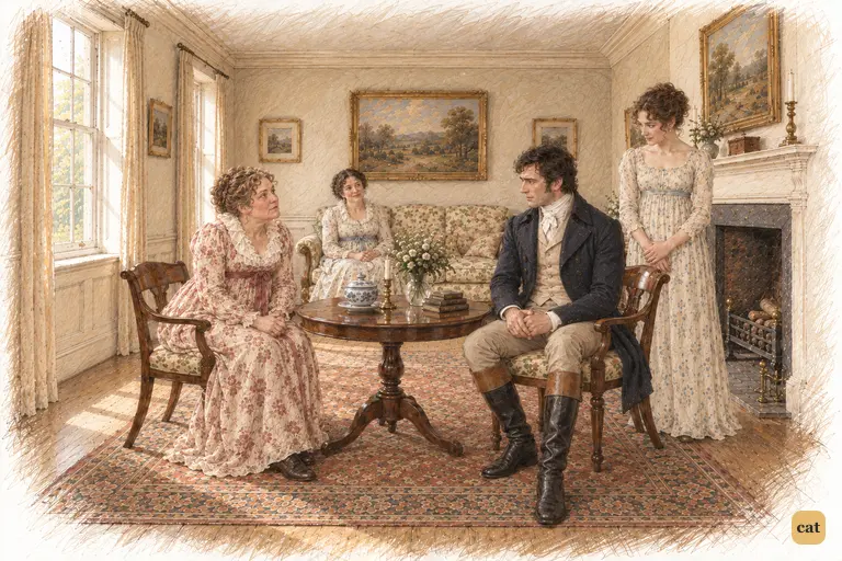 Mrs. Philips approaches Darcy with eagerness constrained by awe, testing his composed courtesy.