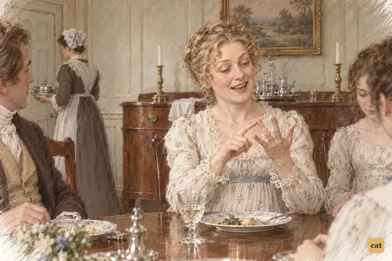 Mrs. Bennet counts possible houses for Lydia over her dinner plate, radiant with triumph.