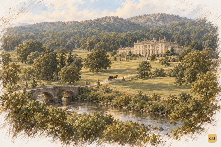 The Gardiners’ tiny carriage climbs from the bridge toward Pemberley in the clear summer light.