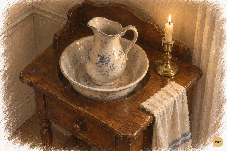 A low-burning candle lights the basin and ewer in Elizabeth’s chamber.