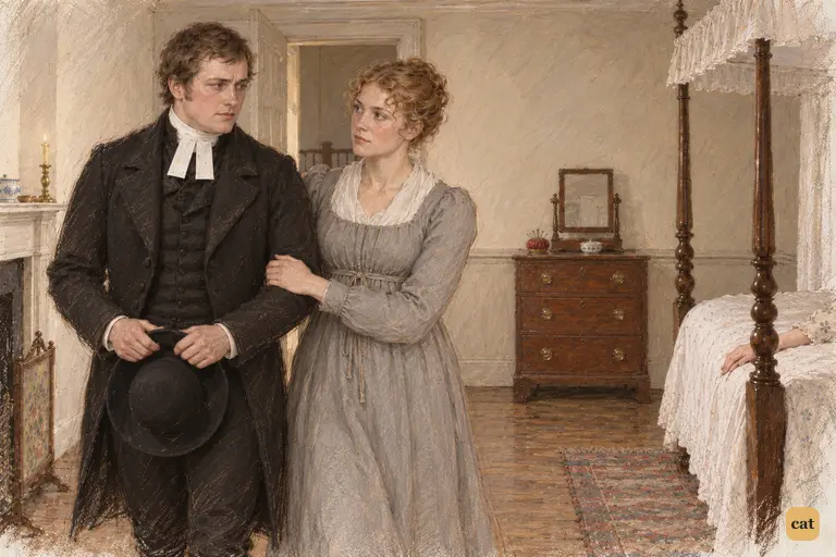 Charlotte gently guides Collins towards the landing, protecting Elizabeth’s rest.