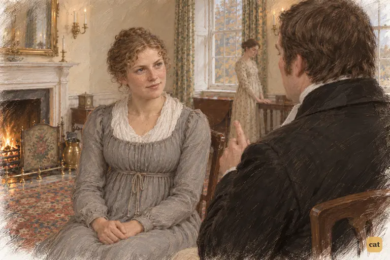 Charlotte patiently encourages Mr. Collins's conversation at Lucas Lodge