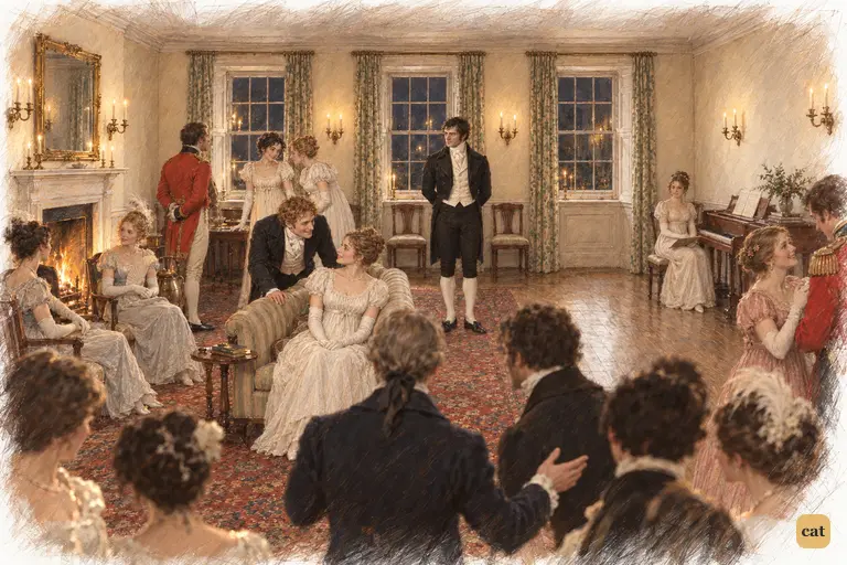 At Lucas Lodge, Elizabeth watches Bingley court Jane while Darcy watches Elizabeth