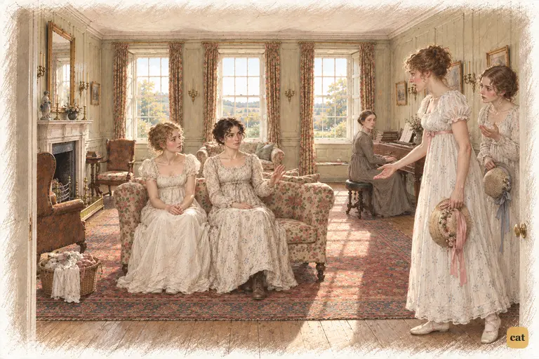Lydia and Kitty stand ready with their bonnets, urging another expedition to Meryton.