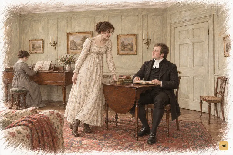 Elizabeth playfully asks Mr. Collins whether he intends to dance at the Netherfield ball.