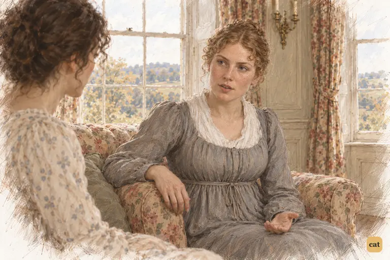 Charlotte calmly explains her rule of courtship to Elizabeth.