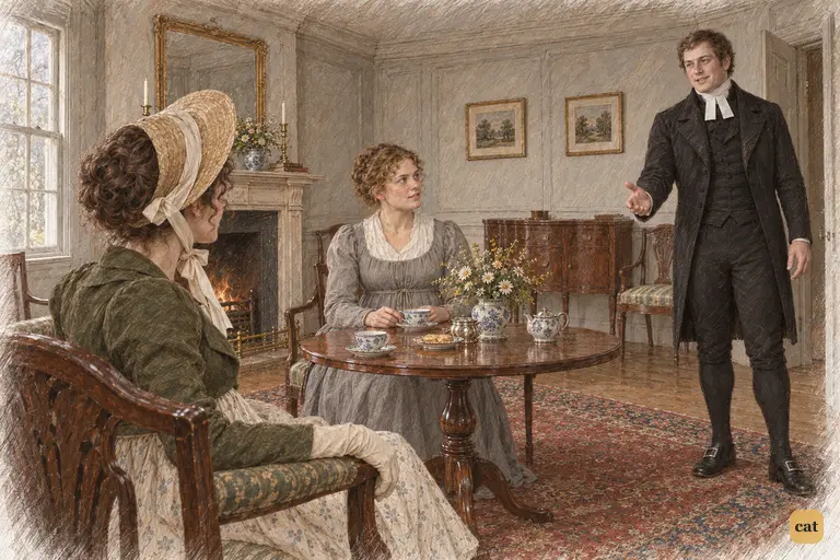 Collins addresses Elizabeth with self-satisfied formality, displaying the comforts she declined.