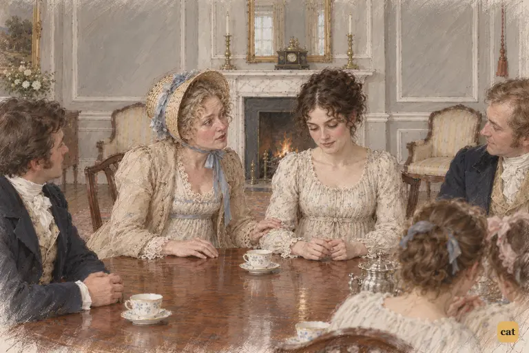 Mrs. Bennet touches Elizabeth's arm, reproving her for her exchange with Bingley