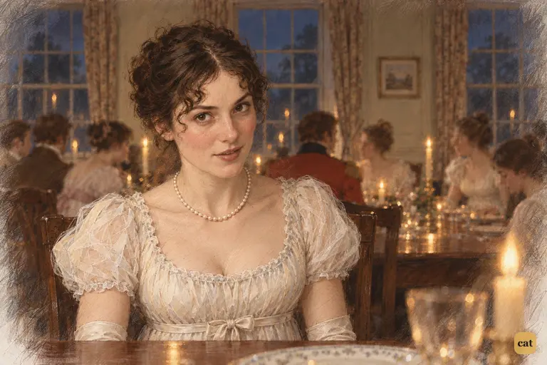Elizabeth Bennet delivers her observation about Darcy with cool composure and a faint, arch smile.