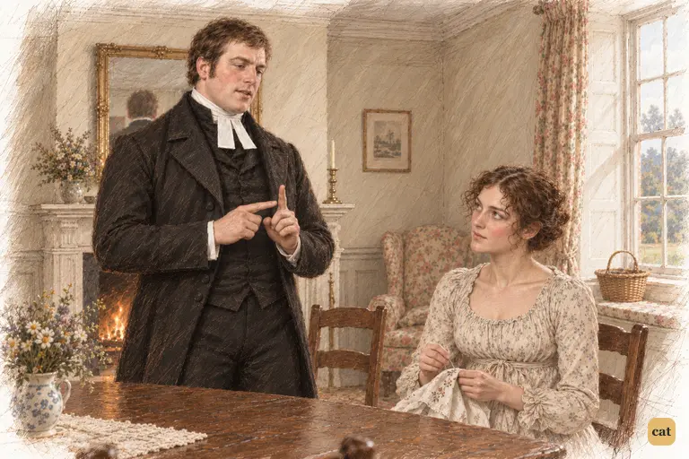 Mr. Collins solemnly counts his first reason for marrying, like a parish address