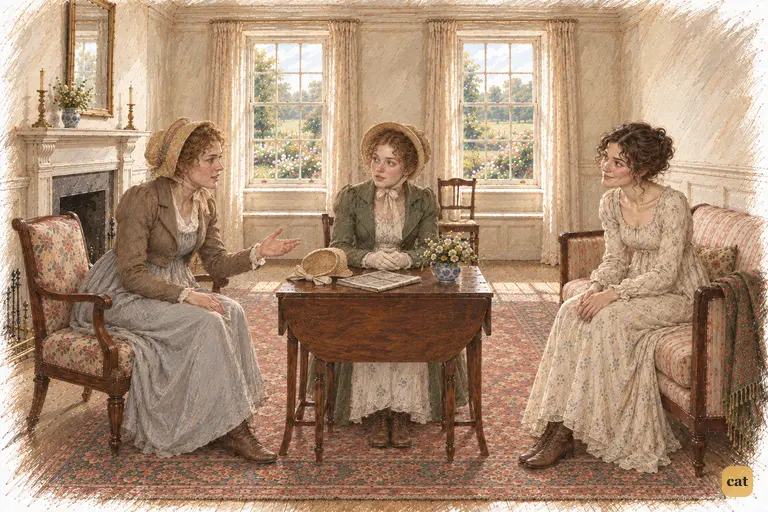 Charlotte settles into Darcy’s vacated chair and eagerly suggests that he loves Elizabeth.