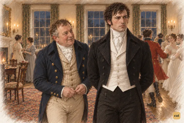 Darcy stands rigid by the dancing as a beaming Sir William Lucas reaches his elbow