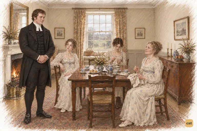 At Longbourn, Mr. Collins prepares to address Mrs. Bennet with solemn assurance.