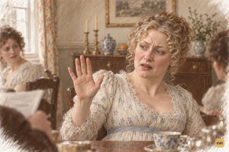 Mrs. Bennet recoils at the mention of Mr. Collins, raising her palm as if to ward him off
