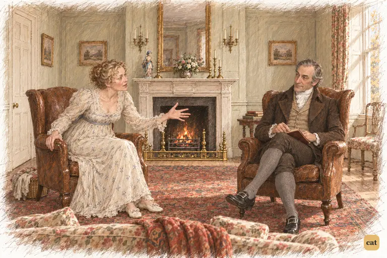 Mrs. Bennet explains her marriage scheme as Mr. Bennet meets her impatience with amusement
