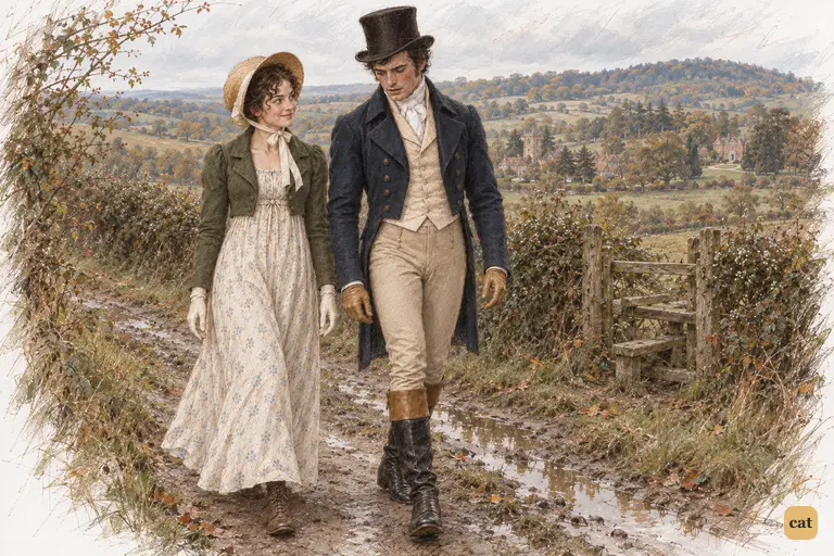 Darcy condemns his former conduct as he and Elizabeth walk together along a Hertfordshire lane.