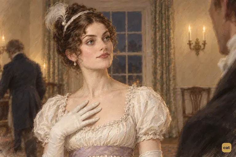 Caroline Bingley answers Darcy with theatrically raised eyebrows and a bright, brittle smile.