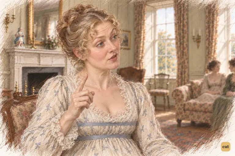 Mrs. Bennet leans toward Elizabeth, advising her about Darcy with a lifted finger