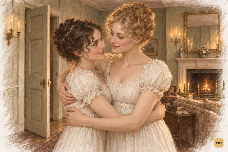 Jane embraces Elizabeth in the drawing-room doorway, happy at her engagement