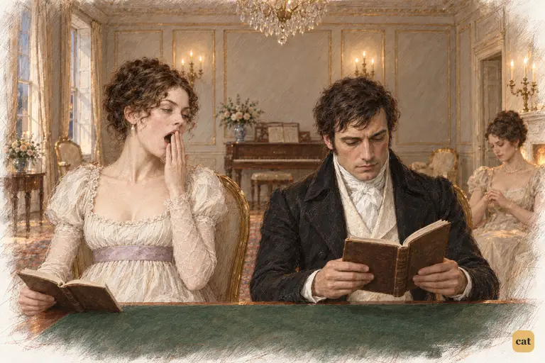 Caroline’s great yawn betrays her boredom beneath her extravagant praise of reading.