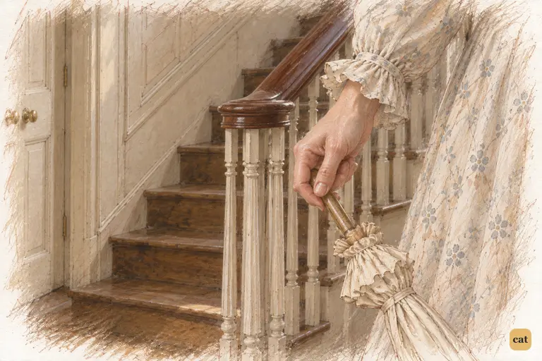 Elizabeth carries her closed parasol past the stairs, following Lady Catherine out