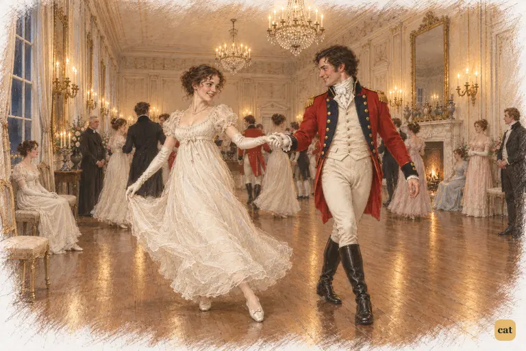 Elizabeth regains her lightness as she dances with an officer and hears Wickham praised.