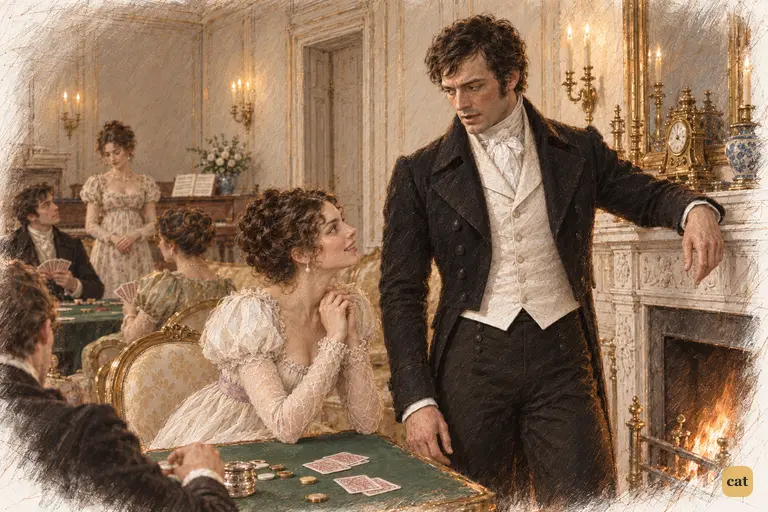 Darcy speaks fondly of Georgiana, briefly looking toward Elizabeth as he compares their heights.