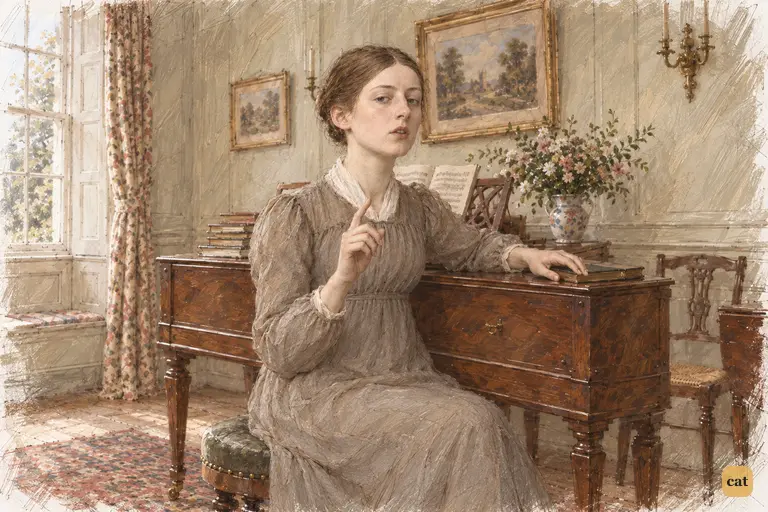 Mary Bennet sits rigidly by the closed pianoforte, reflecting on pride and vanity