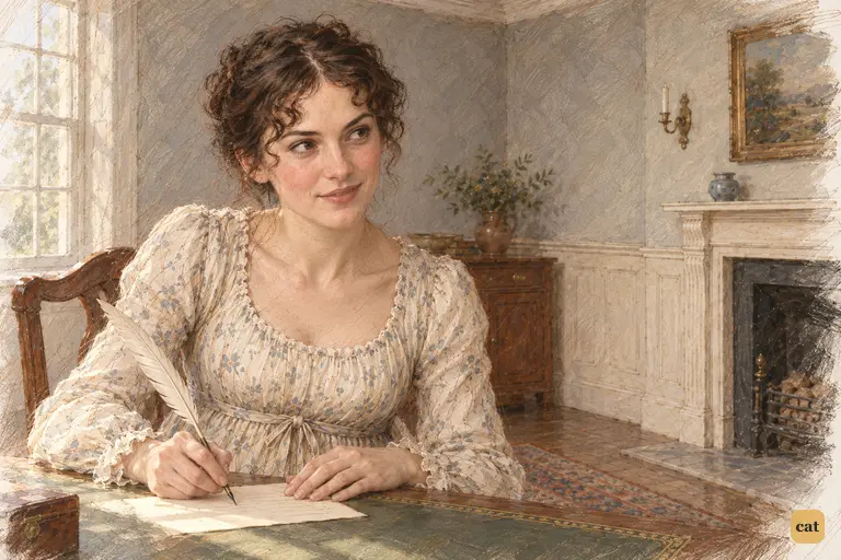 Elizabeth pauses over her letter to Mrs. Gardiner, her quill suspended above the paper.