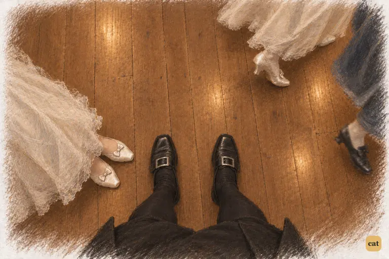 Collins's firmly planted feet keep Elizabeth stranded beside him as the dancers pass