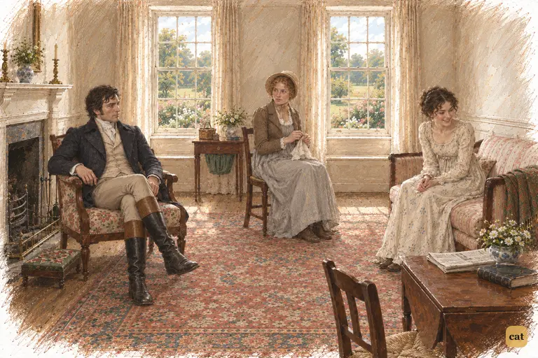 Elizabeth laughs toward Colonel Fitzwilliam while Darcy sits silent beside the hearth.