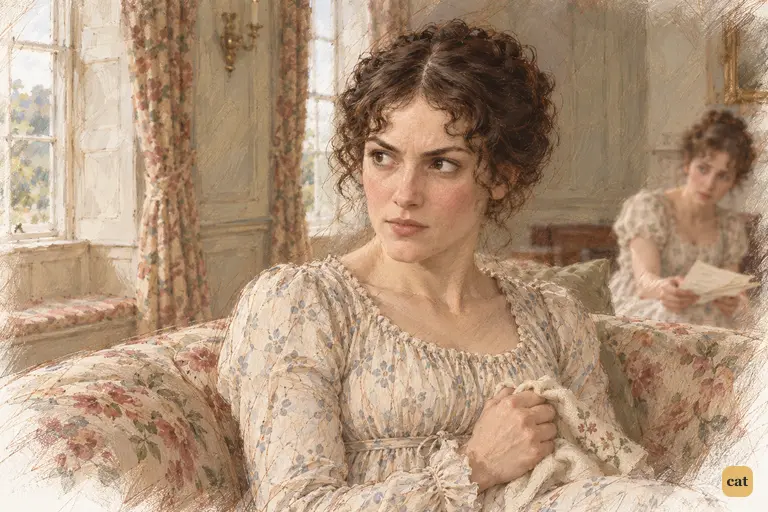 Elizabeth turns toward the grey window, her hand tightening over her needlework.