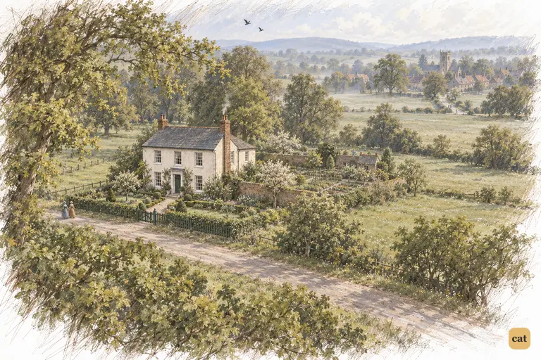 A pale spring morning settles over Hunsford Parsonage beside Rosings park.