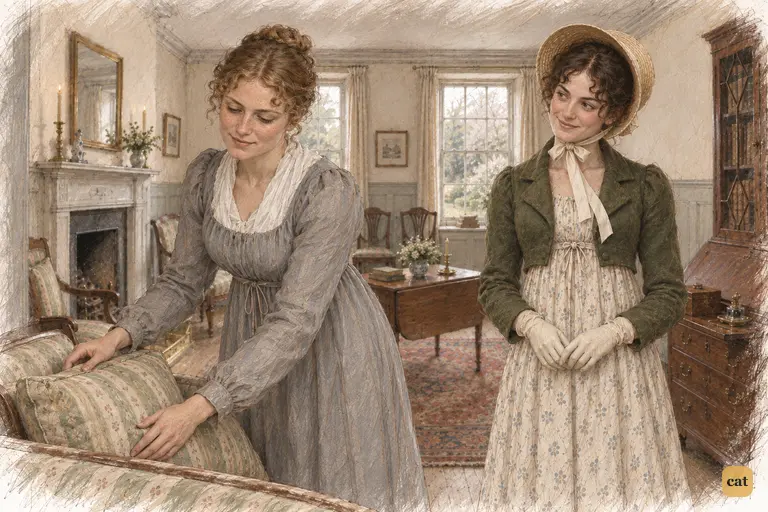 Charlotte smooths a cushion in her orderly drawing-room while Elizabeth watches.